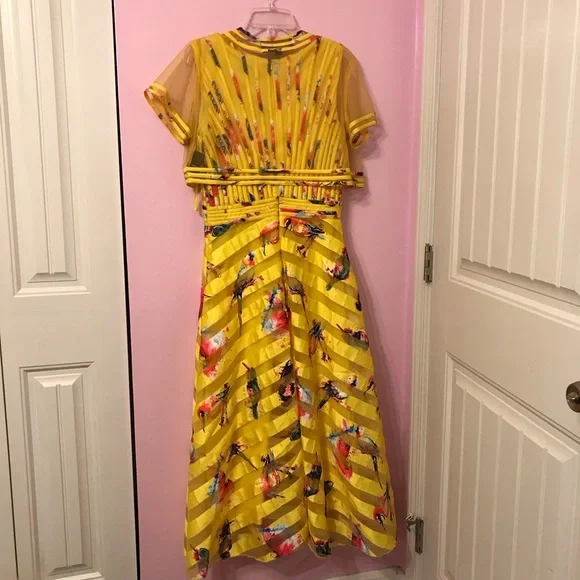 Moshita Couture yellow bird printed Dress with matching jacket size medium - Picture 4 of 10
